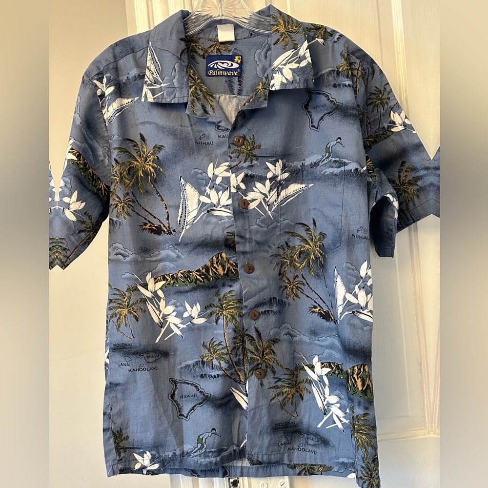 Palm Wave Hawaiian Aloha Shirt Size 2 XL Blue Islands Palm Trees Heliconia